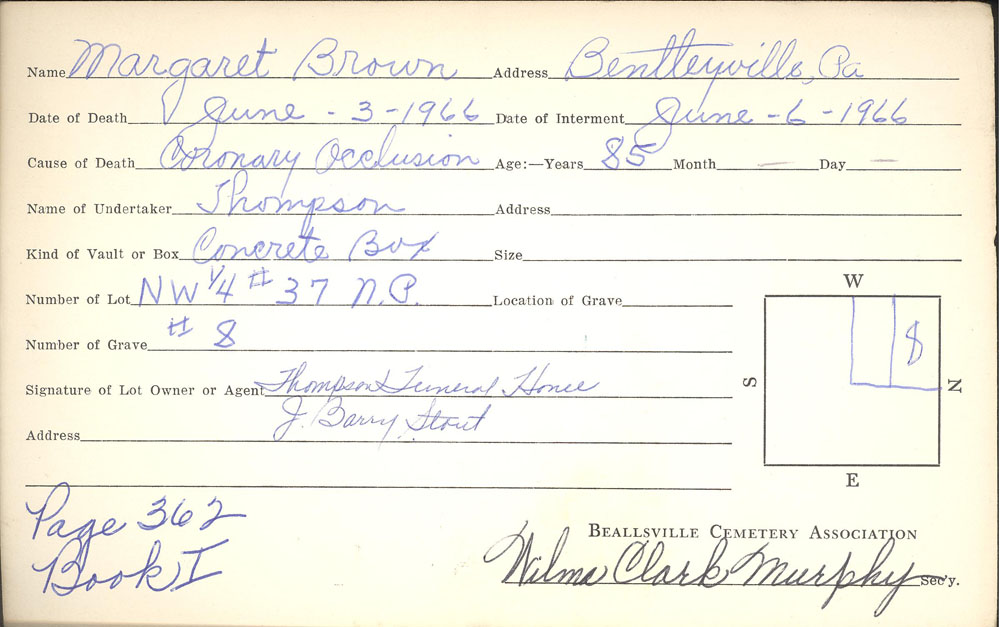 Margaret Brown burial card